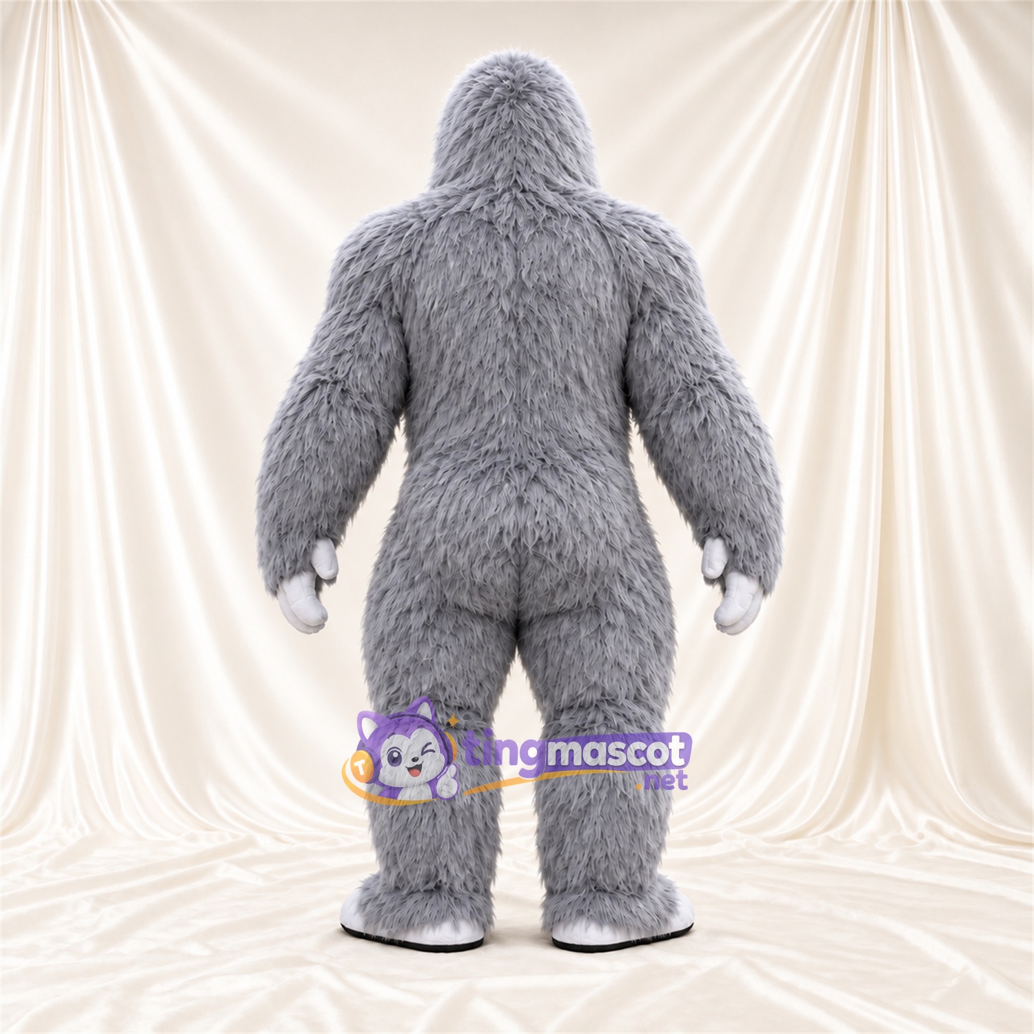 Maskottchenkostüm Gorilla – grau – Muskelbrust (weiß); Hände (weiß) Maskottchenkostüm Gorilla – grau – Muskelbrust (weiß); Hände (weiß)