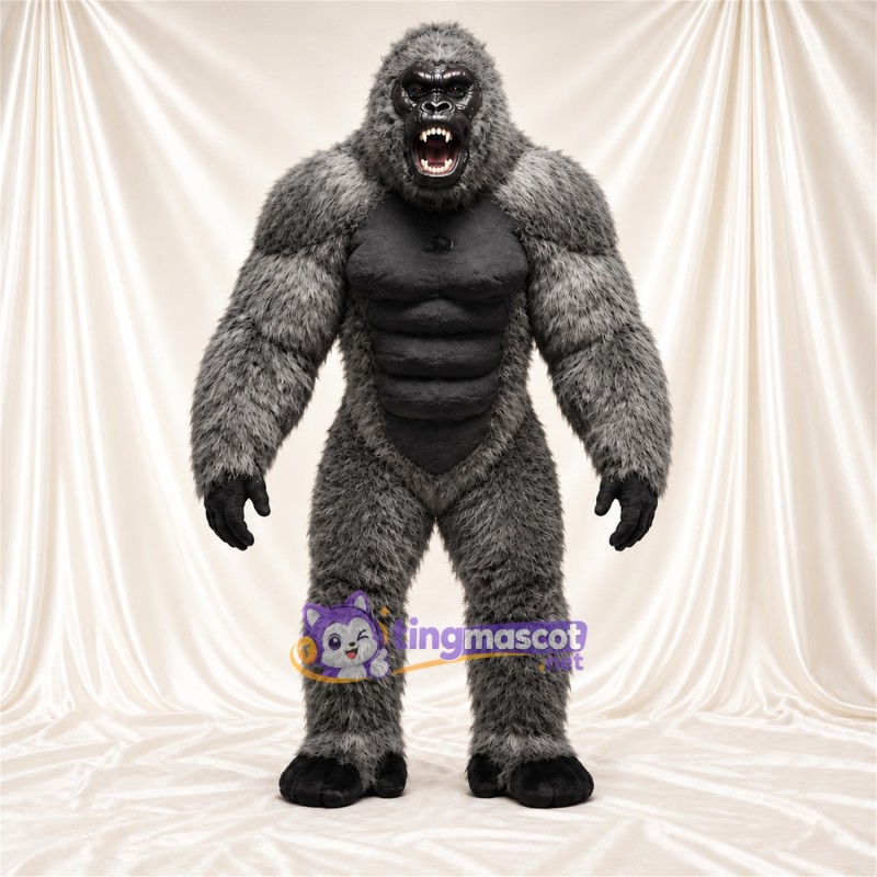 Maskottchenkostüm Gorilla – grau – Muskelbrust (schwarz); Offener Mund Maskottchenkostüm Gorilla – grau – Muskelbrust (schwarz); Offener Mund