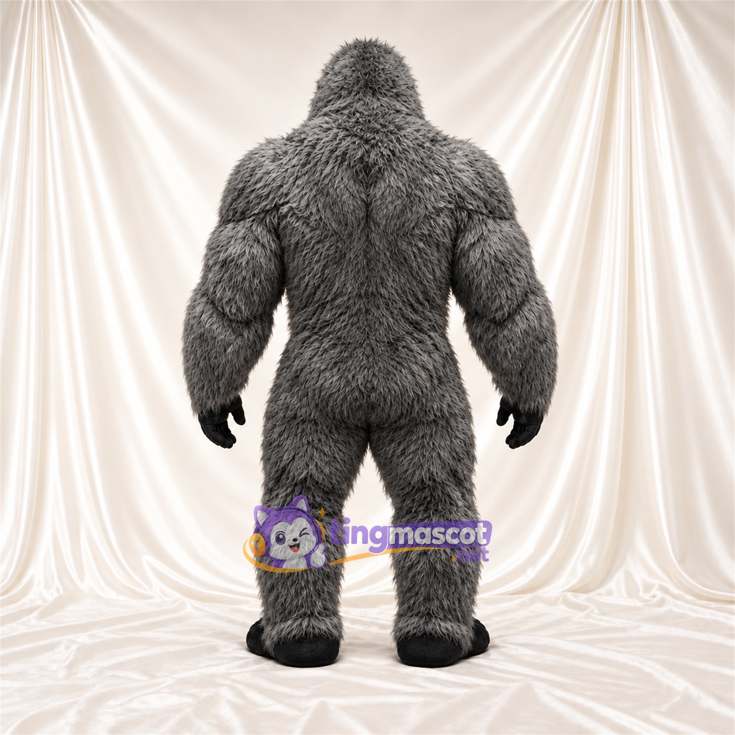 Maskottchenkostüm Gorilla – grau – Muskelbrust (schwarz); Offener Mund Maskottchenkostüm Gorilla – grau – Muskelbrust (schwarz); Offener Mund