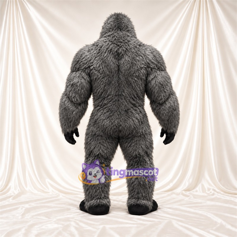 Maskottchenkostüm Gorilla – grau – Muskelbrust (schwarz); Offener Mund Maskottchenkostüm Gorilla – grau – Muskelbrust (schwarz); Offener Mund