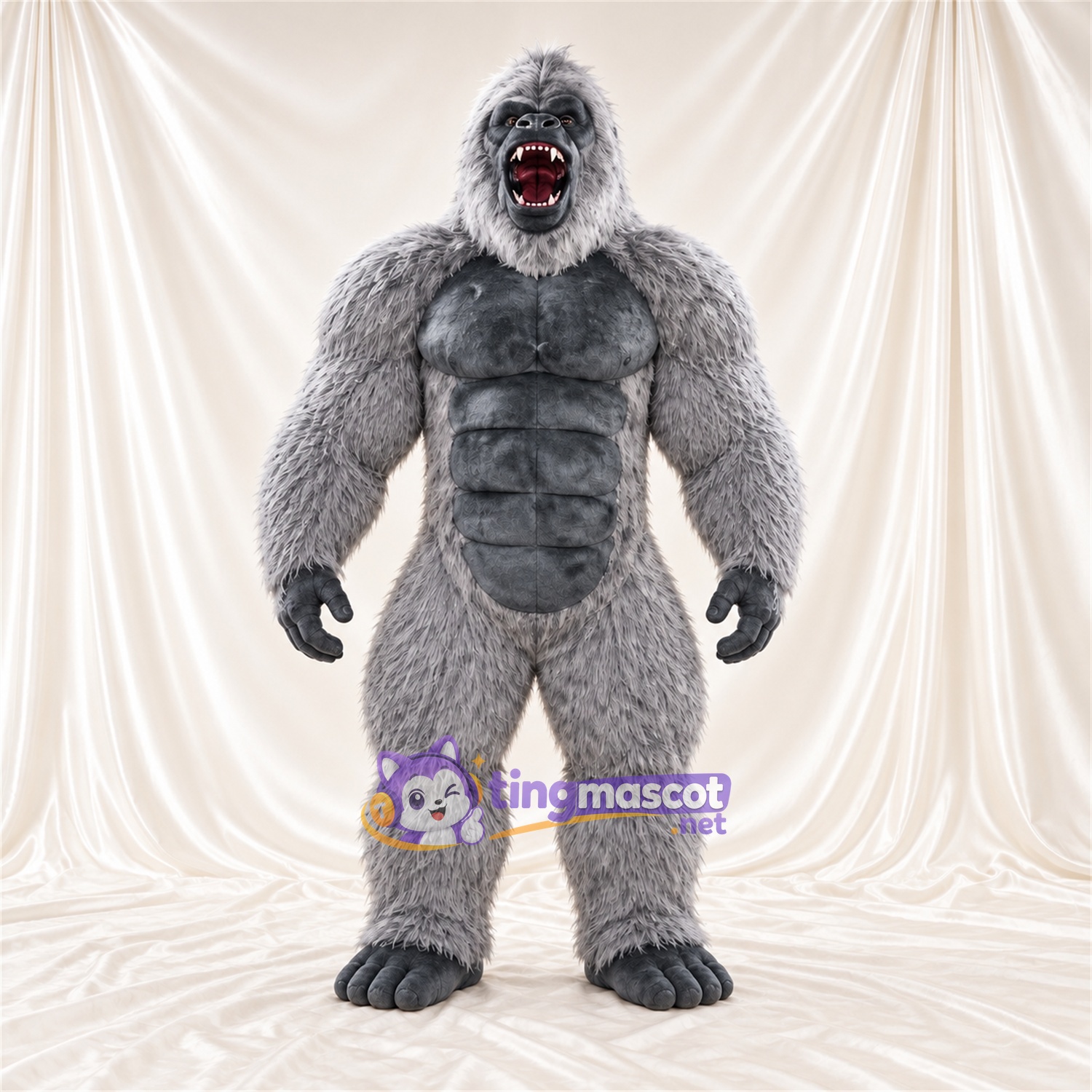 Maskottchenkostüm Gorilla – grau – Muskelbrust (grau); Offener Mund Maskottchenkostüm Gorilla – grau – Muskelbrust (grau); Offener Mund