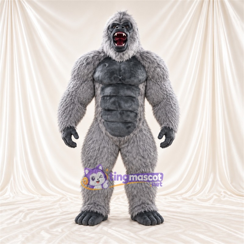Maskottchenkostüm Gorilla – grau – Muskelbrust (grau); Offener Mund Maskottchenkostüm Gorilla – grau – Muskelbrust (grau); Offener Mund