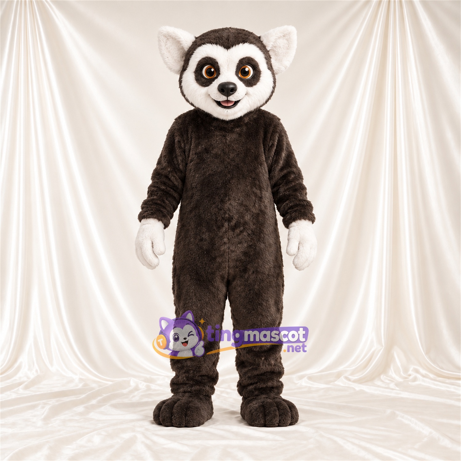 Maskottchenkostüm Lemur – braun / weiß – Handschuhe (weiß); Gesicht (weiß) Maskottchenkostüm Lemur – braun / weiß – Handschuhe (weiß); Gesicht (weiß)