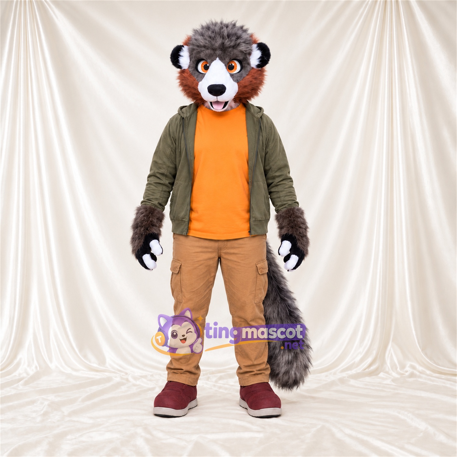 Brown Red Panda Mascot Costume - Green Hoodie and Tan Pants Brown Red Panda Mascot Costume - Green Hoodie and Tan Pants