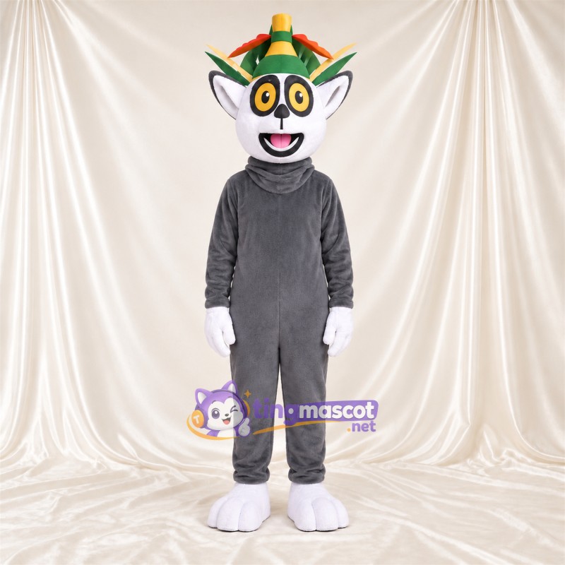 Costume de mascotte Lémurien – gris – Couronne (vert); Gants (blanc) Costume de mascotte Lémurien – gris – Couronne (vert); Gants (blanc)