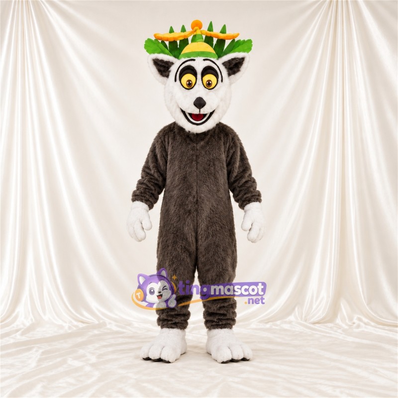 Maskottchenkostüm Lemur – braun / weiß – Krone (grün) Maskottchenkostüm Lemur – braun / weiß – Krone (grün)