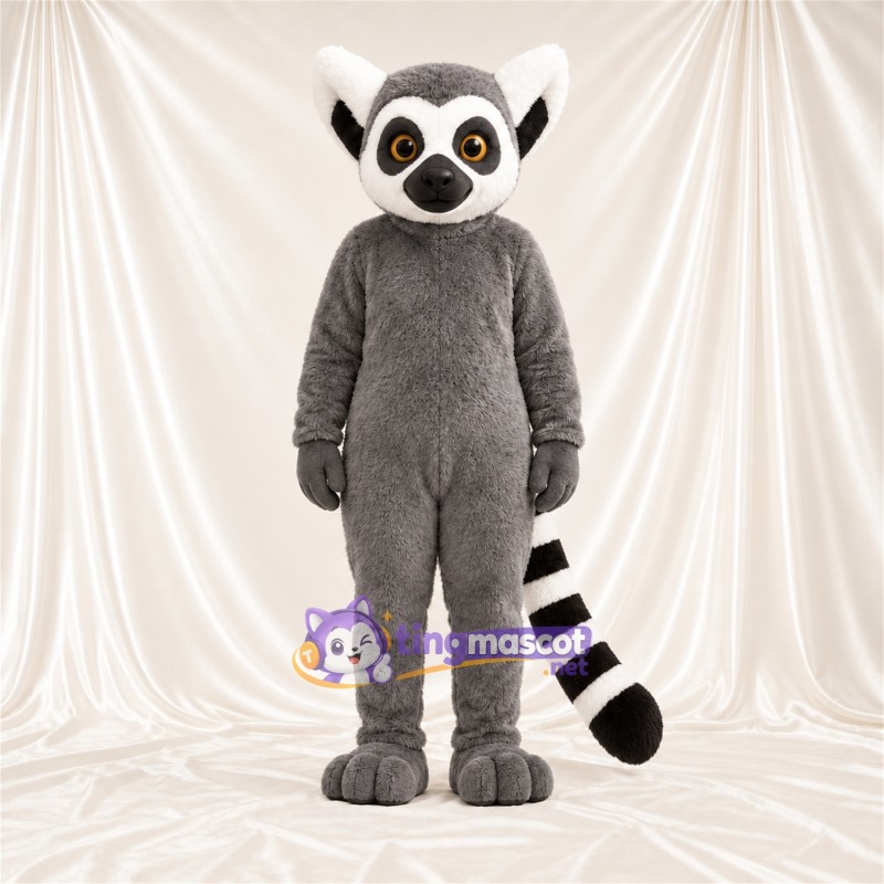 Costume de mascotte Lémurien – gris – Queue rayée (blanc); Yeux (jaune)