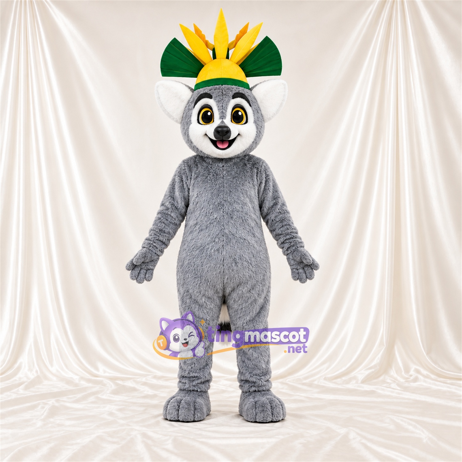 Costume de mascotte Lémurien – gris – Couronne (vert / jaune) Costume de mascotte Lémurien – gris – Couronne (vert / jaune)