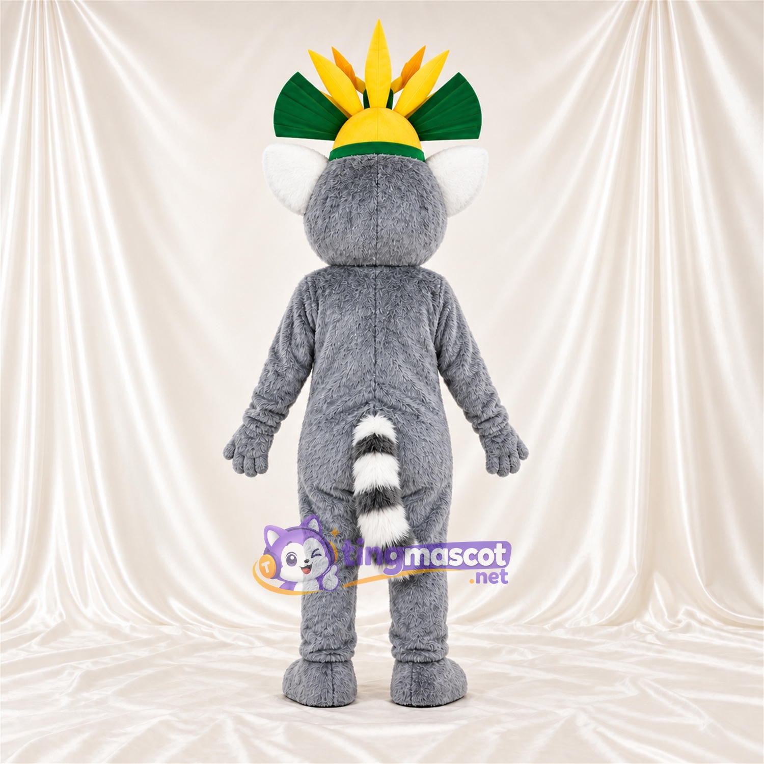 Costume de mascotte Lémurien – gris – Couronne (vert / jaune) Costume de mascotte Lémurien – gris – Couronne (vert / jaune)