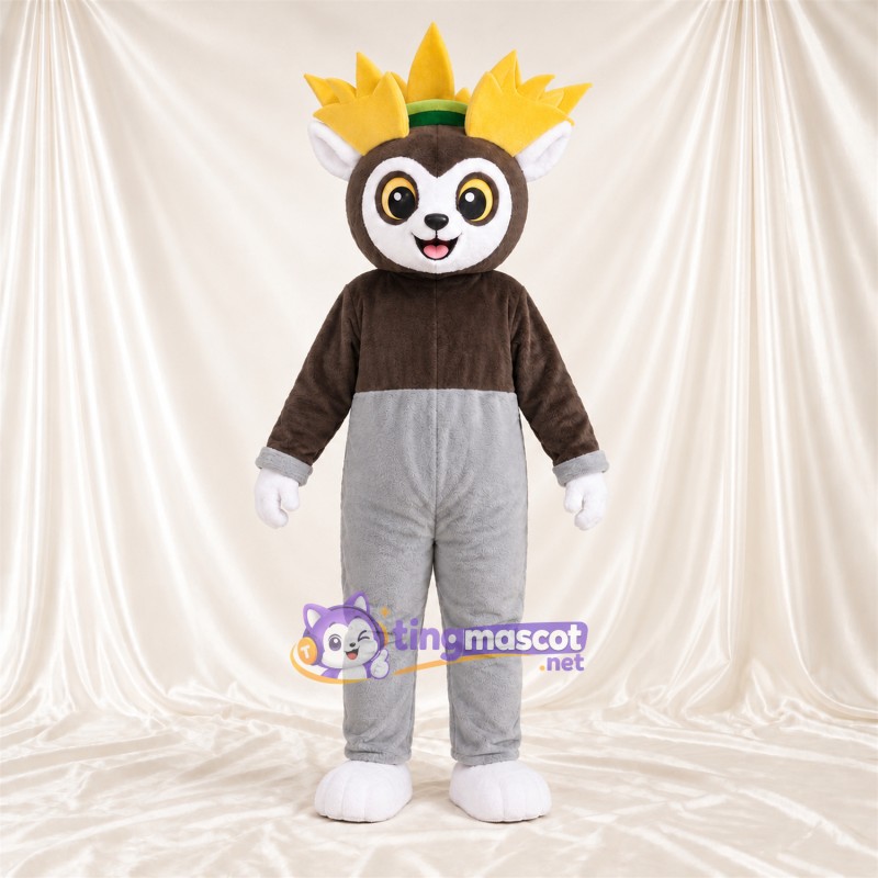 Maskottchenkostüm Lemur – braun / weiß – Krone (gelb) Maskottchenkostüm Lemur – braun / weiß – Krone (gelb)