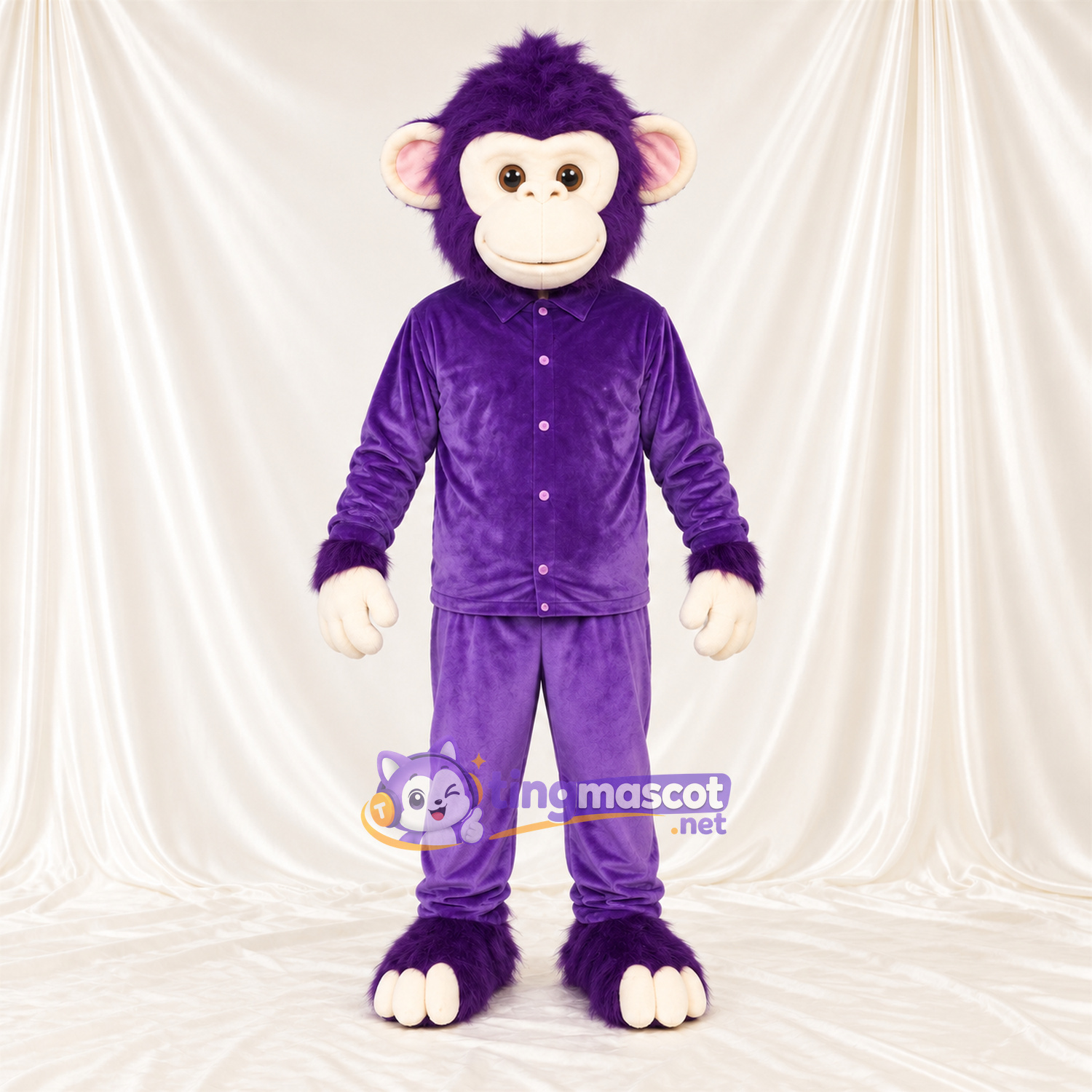 Maskottchenkostüm Affe – violett – Gesicht (creme); Zehen (weiß) Maskottchenkostüm Affe – violett – Gesicht (creme); Zehen (weiß)