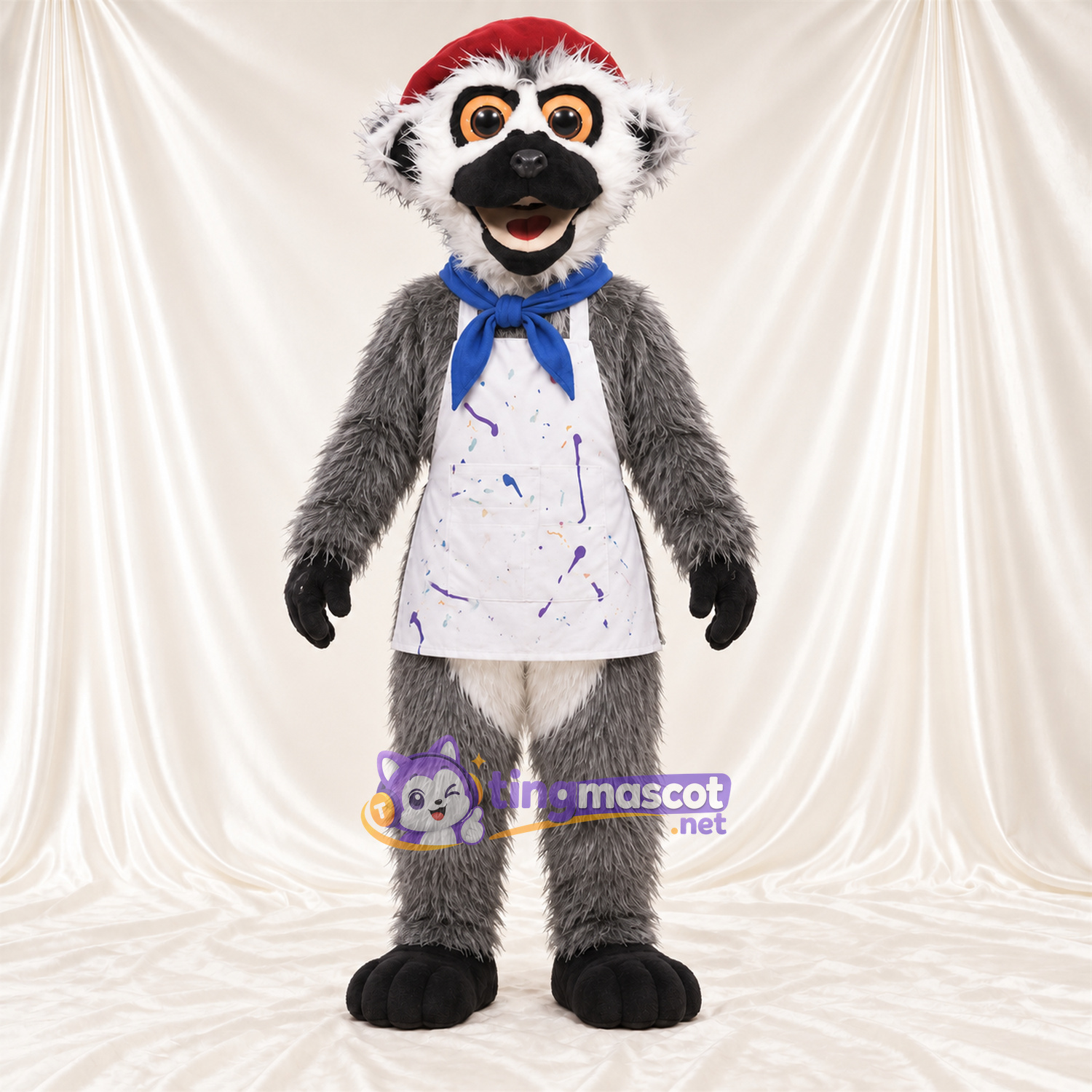 Costume de mascotte Lémurien – gris – Tablier (blanc); Écharpe (bleu) Costume de mascotte Lémurien – gris – Tablier (blanc); Écharpe (bleu)