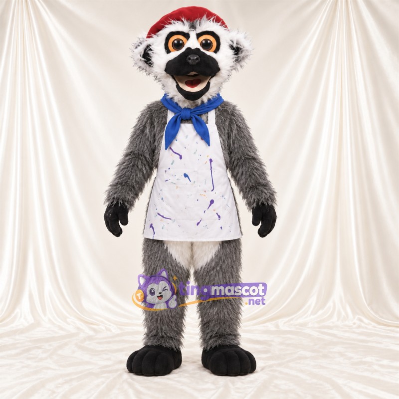 Costume de mascotte Lémurien – gris – Tablier (blanc); Écharpe (bleu)