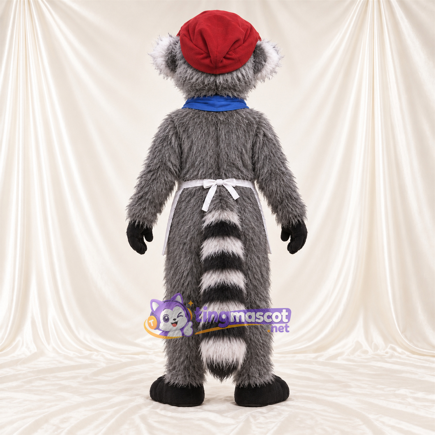 Costume de mascotte Lémurien – gris – Tablier (blanc); Écharpe (bleu) Costume de mascotte Lémurien – gris – Tablier (blanc); Écharpe (bleu)