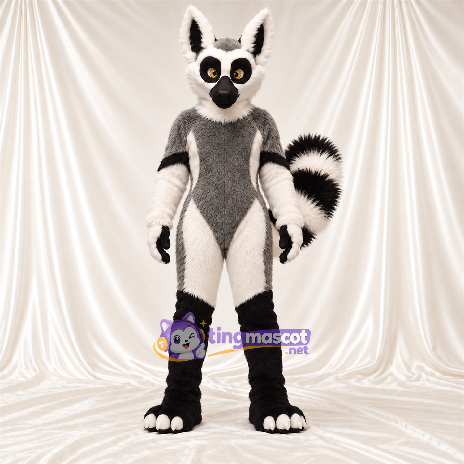 Costume de mascotte Lémurien – gris / blanc – Bottes (noir); Bas des jambes (blanc) Costume de mascotte Lémurien – gris / blanc – Bottes (noir); Bas des jambes (blanc)