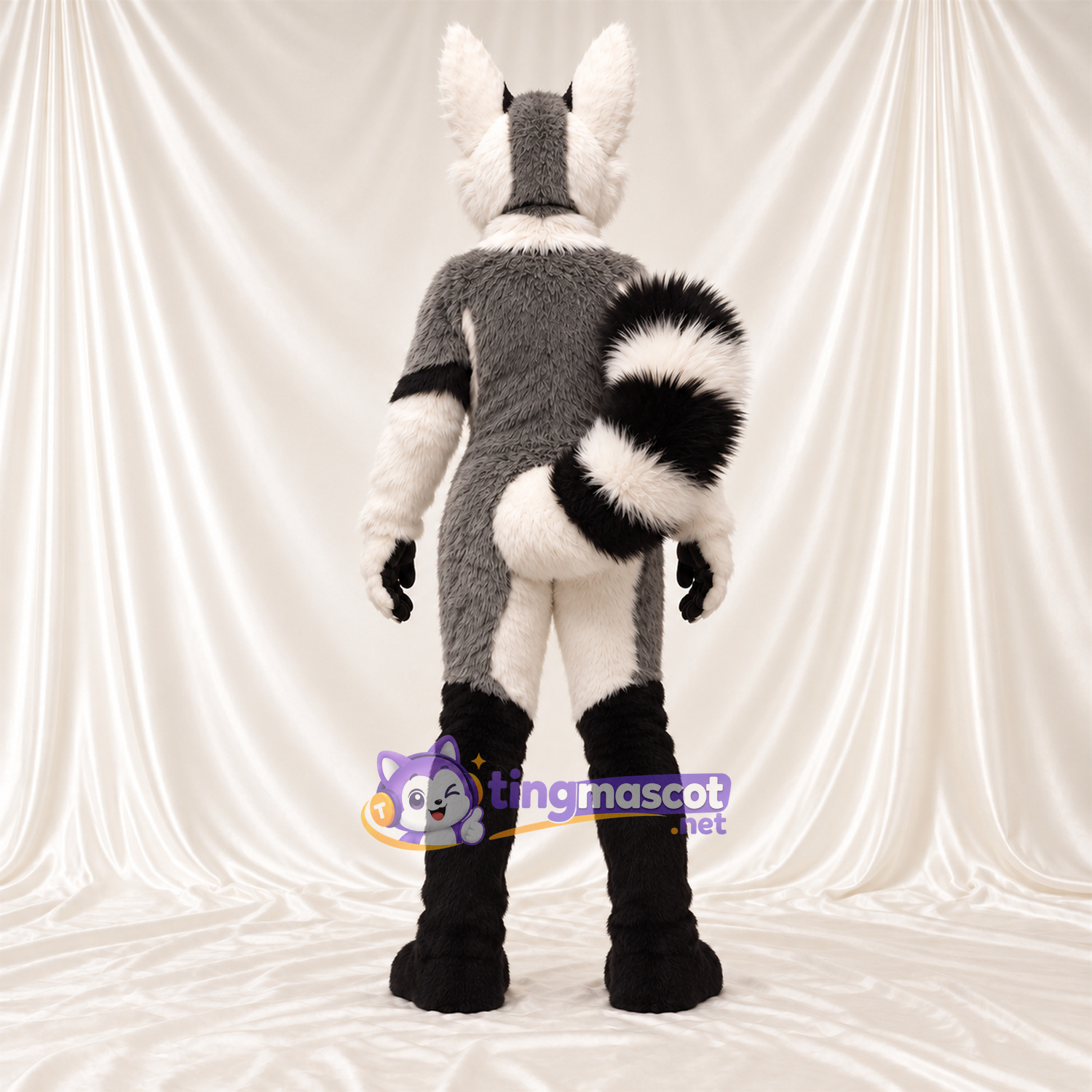 Costume de mascotte Lémurien – gris / blanc – Bottes (noir); Bas des jambes (blanc) Costume de mascotte Lémurien – gris / blanc – Bottes (noir); Bas des jambes (blanc)
