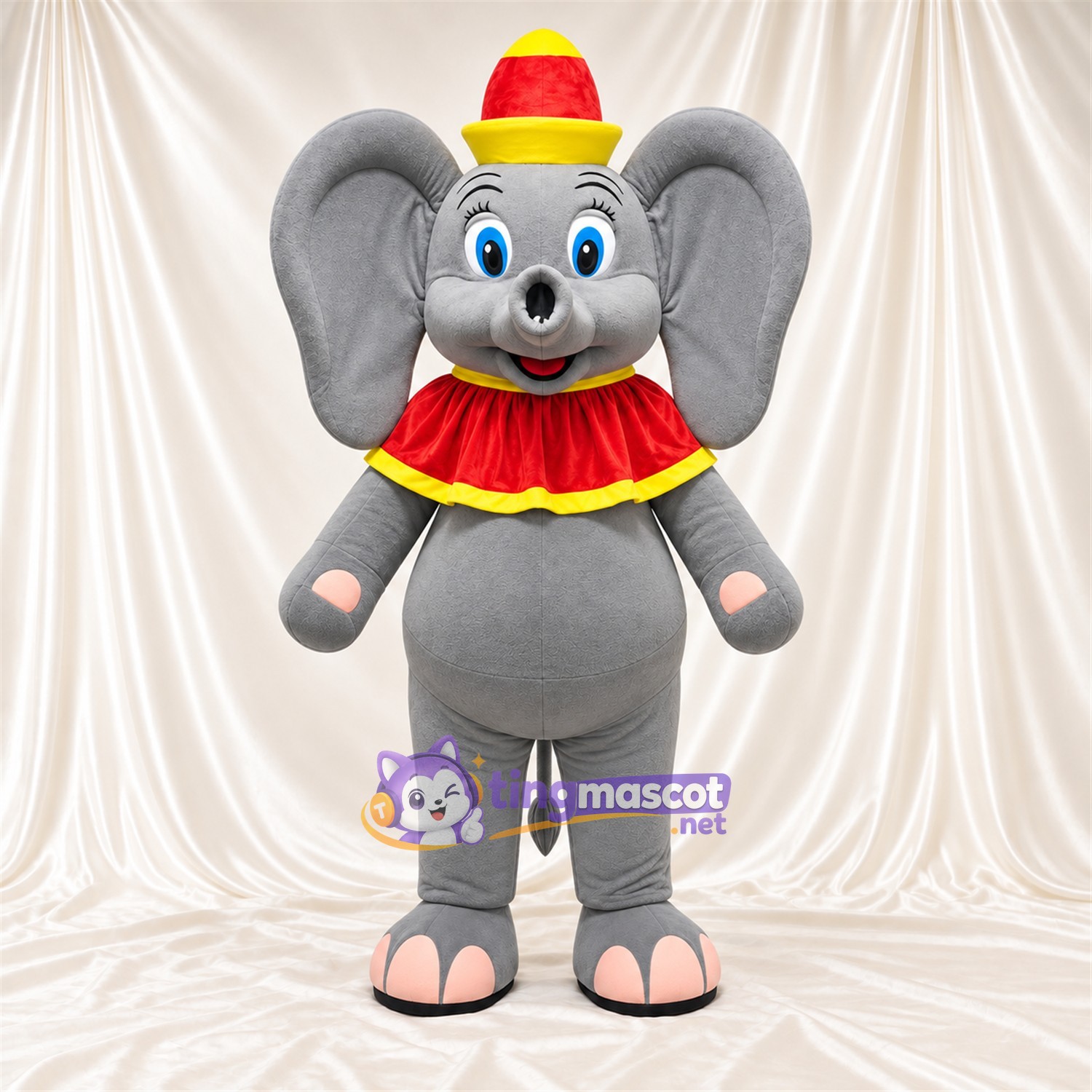Costume de mascotte Éléphant – gris – Chapeau (rouge / jaune); Col Costume de mascotte Éléphant – gris – Chapeau (rouge / jaune); Col