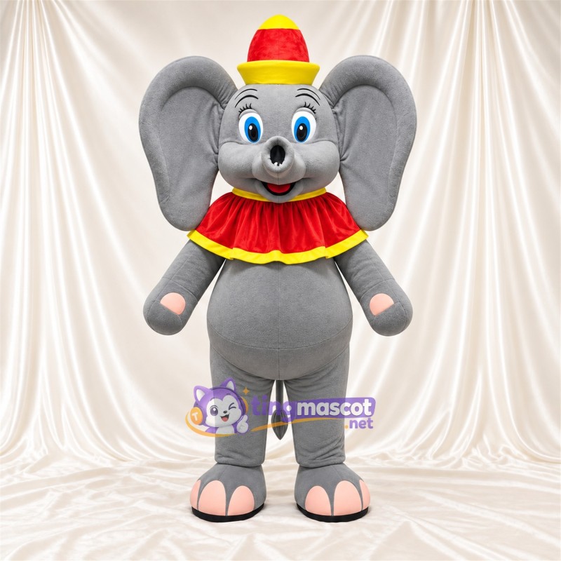 Costume de mascotte Éléphant – gris – Chapeau (rouge / jaune); Col Costume de mascotte Éléphant – gris – Chapeau (rouge / jaune); Col