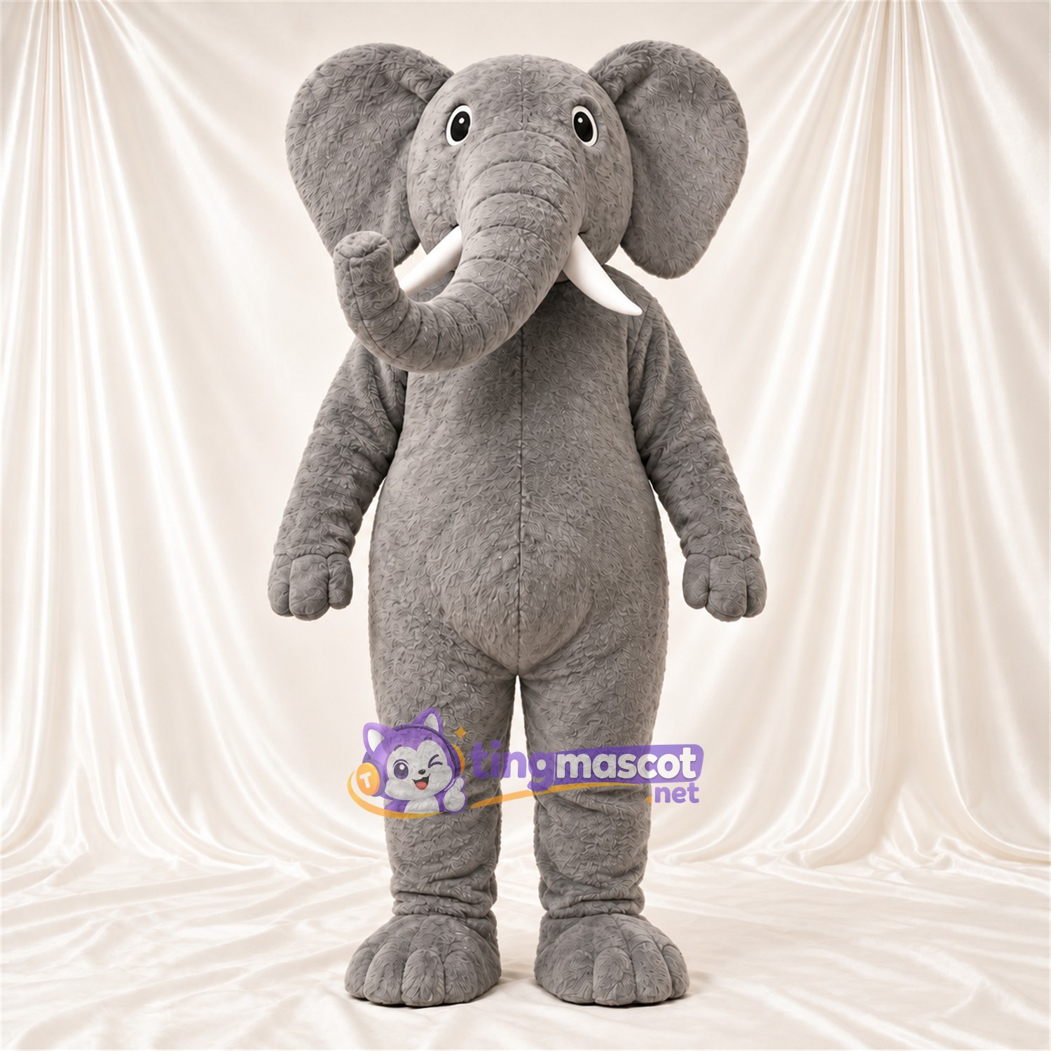 Gray Elephant Mascot Costume - Curled Trunk and White Tusks Gray Elephant Mascot Costume - Curled Trunk and White Tusks