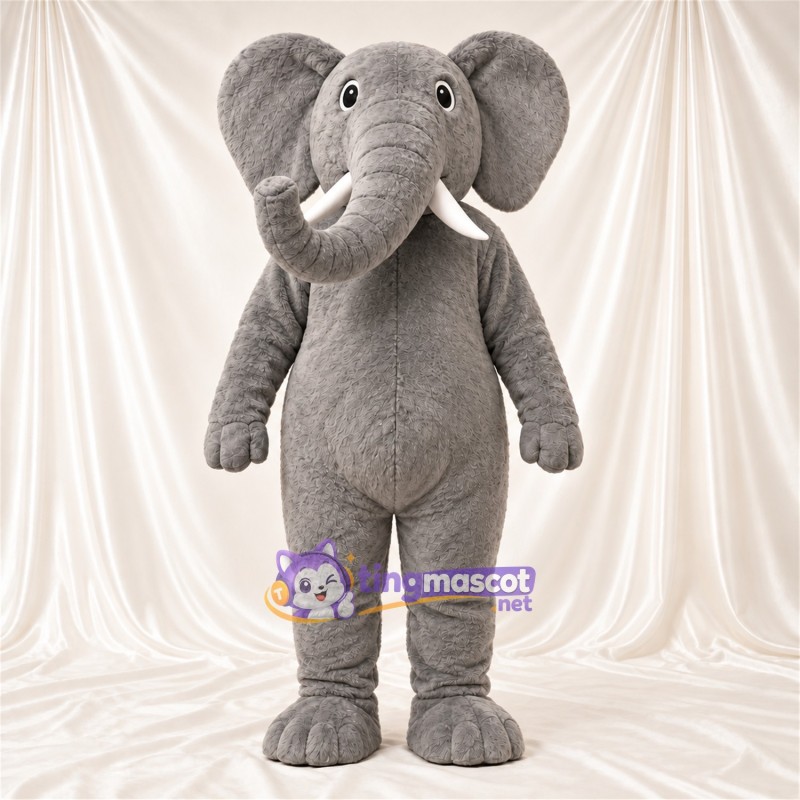 Gray Elephant Mascot Costume - Curled Trunk and White Tusks Gray Elephant Mascot Costume - Curled Trunk and White Tusks