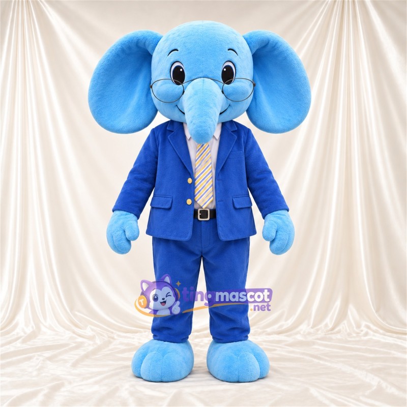 Blue Elephant Mascot Costume - Blue Suit and Yellow Tie Blue Elephant Mascot Costume - Blue Suit and Yellow Tie