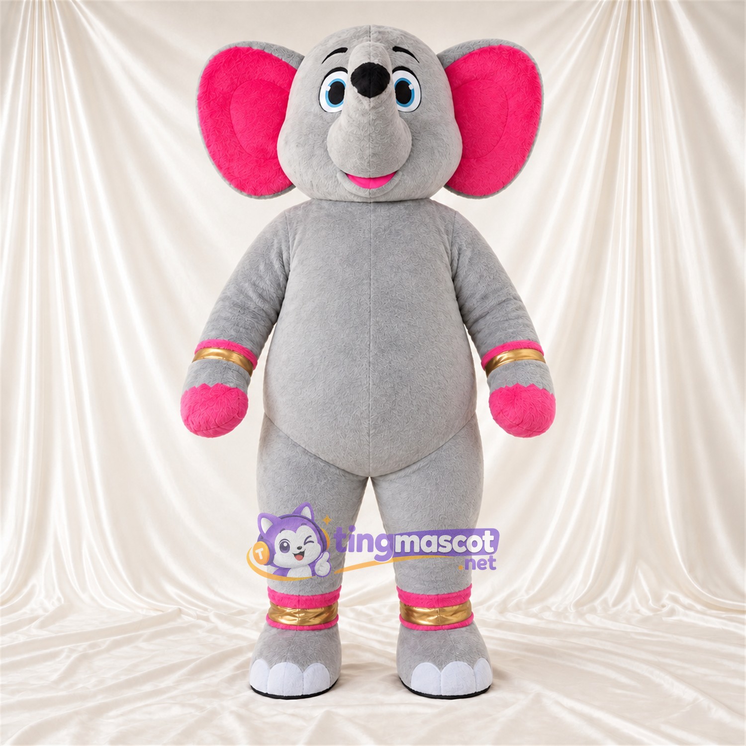 Maskottchenkostüm Elefant – grau – Hände (rosa); Manschetten (rosa / goldfarben) Maskottchenkostüm Elefant – grau – Hände (rosa); Manschetten (rosa / goldfarben)