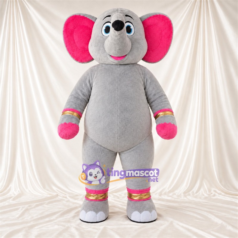 Costume de mascotte Éléphant – gris – Mains (rose); Manchettes (rose / doré) Costume de mascotte Éléphant – gris – Mains (rose); Manchettes (rose / doré)