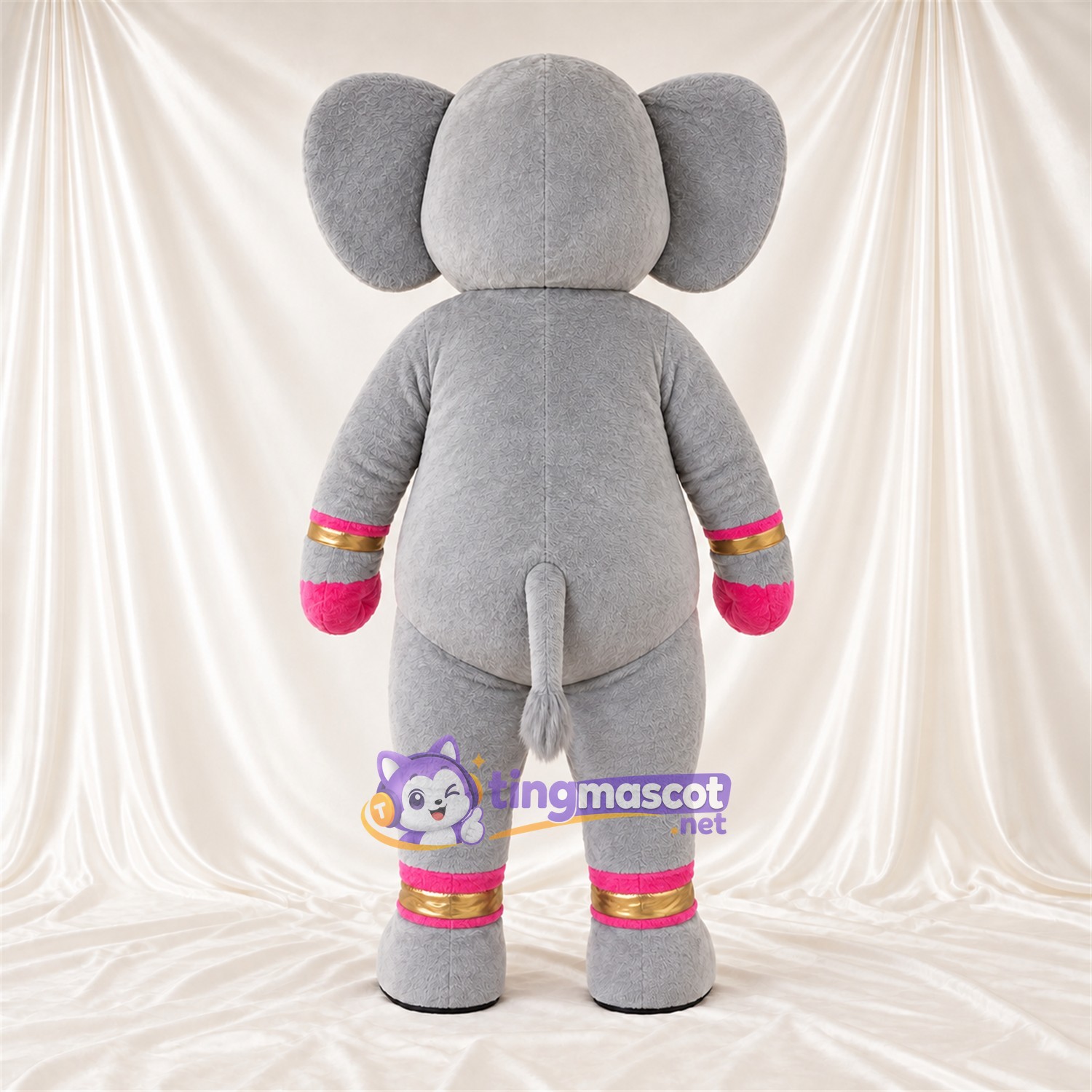 Maskottchenkostüm Elefant – grau – Hände (rosa); Manschetten (rosa / goldfarben) Maskottchenkostüm Elefant – grau – Hände (rosa); Manschetten (rosa / goldfarben)