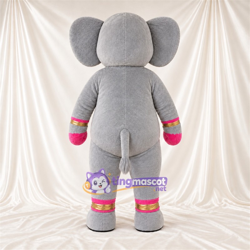Maskottchenkostüm Elefant – grau – Hände (rosa); Manschetten (rosa / goldfarben) Maskottchenkostüm Elefant – grau – Hände (rosa); Manschetten (rosa / goldfarben)