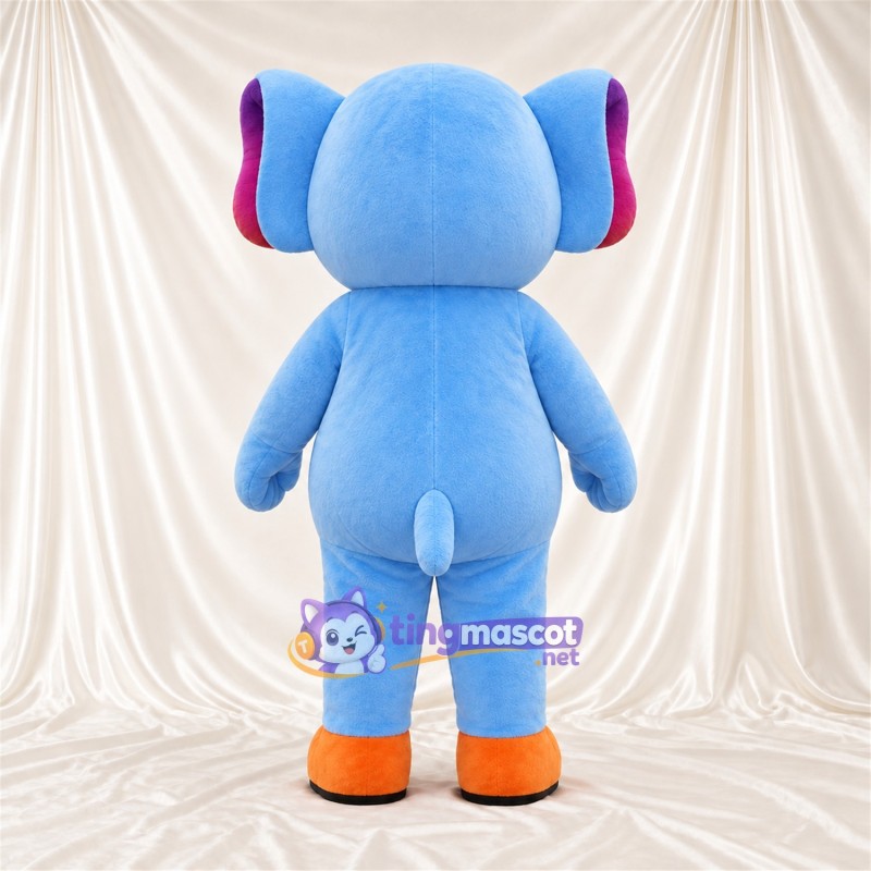 Maskottchenkostüm Elefant – blau – Ohreninnenseiten (violett); Füße (orange) Maskottchenkostüm Elefant – blau – Ohreninnenseiten (violett); Füße (orange)