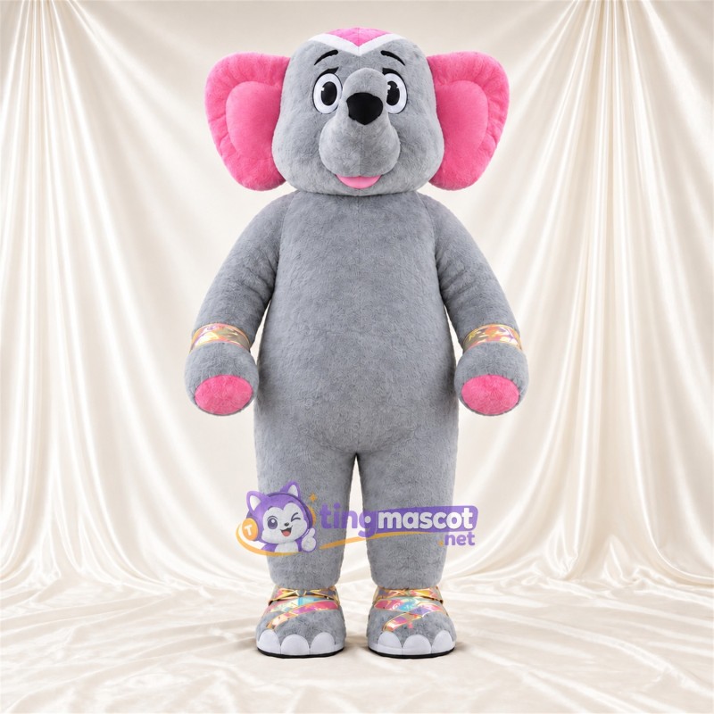 Costume de mascotte Éléphant – gris – Mains (rose); Manchettes (rose / doré) Costume de mascotte Éléphant – gris – Mains (rose); Manchettes (rose / doré)