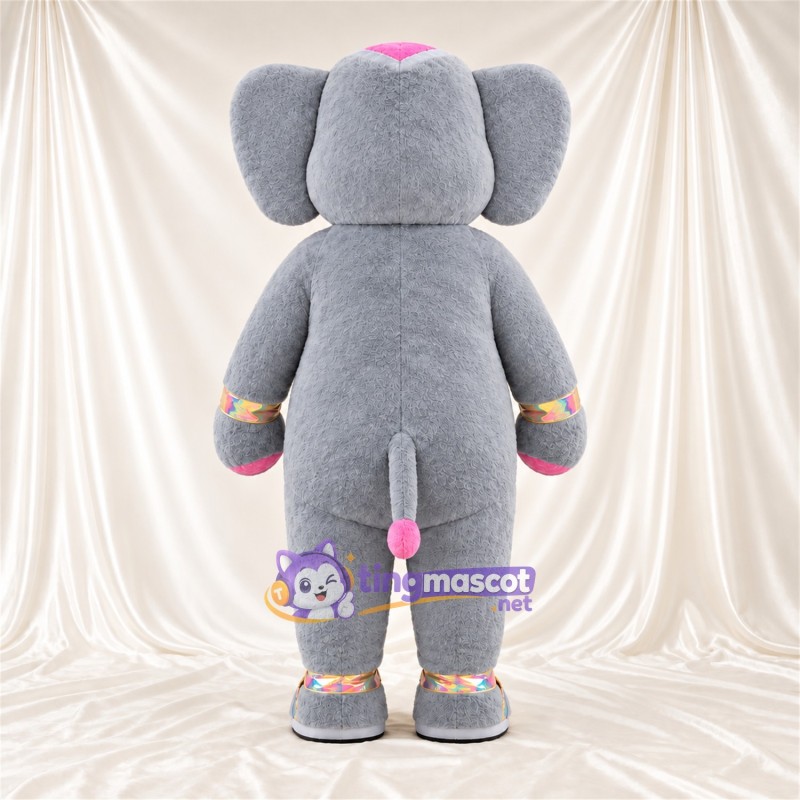 Maskottchenkostüm Elefant – grau – Hände (rosa); Manschetten (rosa / goldfarben) Maskottchenkostüm Elefant – grau – Hände (rosa); Manschetten (rosa / goldfarben)