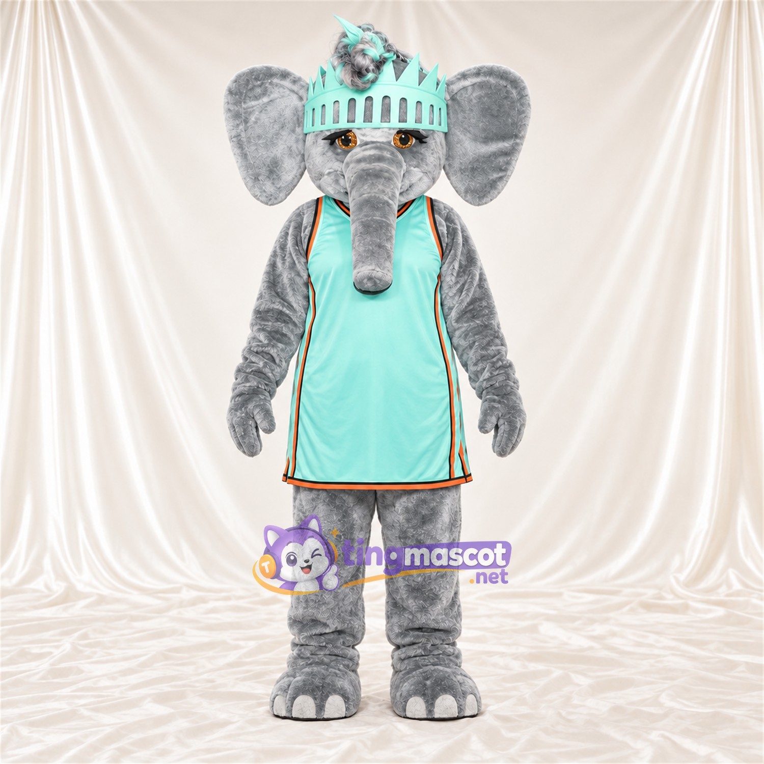 Costume de mascotte Éléphant – gris – Couronne (turquoise); Robe Costume de mascotte Éléphant – gris – Couronne (turquoise); Robe