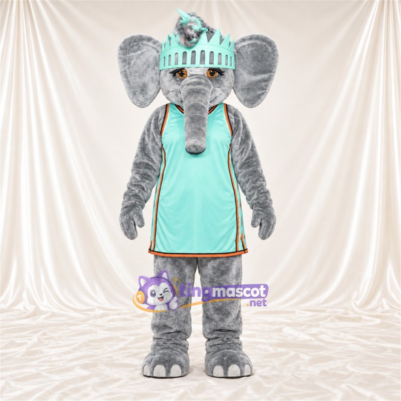 Costume de mascotte Éléphant – gris – Couronne (turquoise); Robe Costume de mascotte Éléphant – gris – Couronne (turquoise); Robe