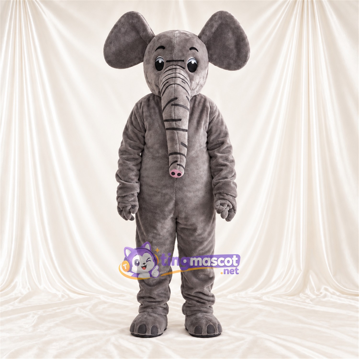 Gray Elephant Mascot Costume - Long Trunk and Pink Trunk Tip Gray Elephant Mascot Costume - Long Trunk and Pink Trunk Tip