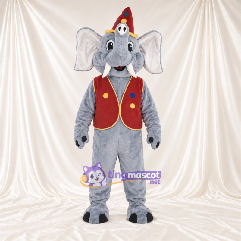 Costume de mascotte Éléphant – gris – Chapeau (rouge); Gilet Costume de mascotte Éléphant – gris – Chapeau (rouge); Gilet