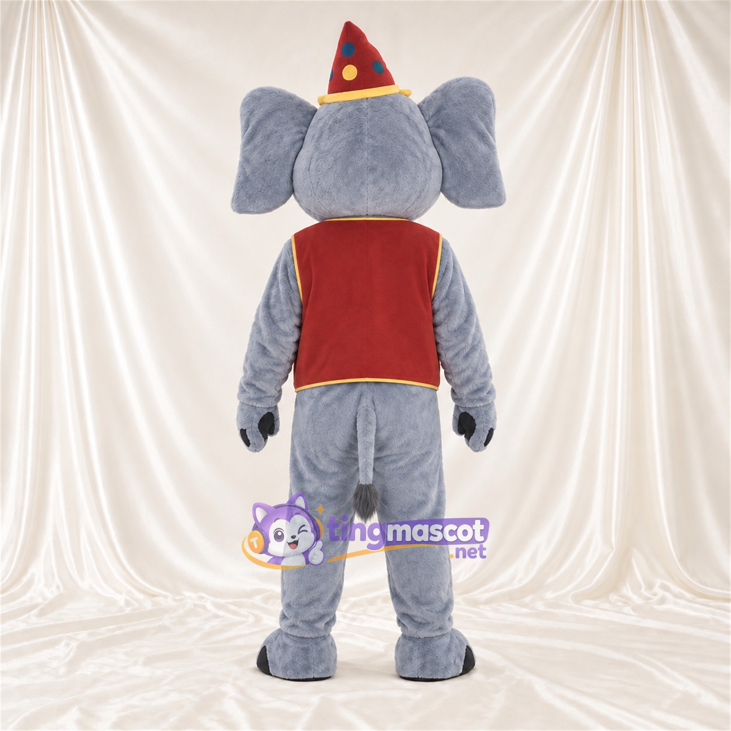 Costume de mascotte Éléphant – gris – Chapeau (rouge); Gilet Costume de mascotte Éléphant – gris – Chapeau (rouge); Gilet