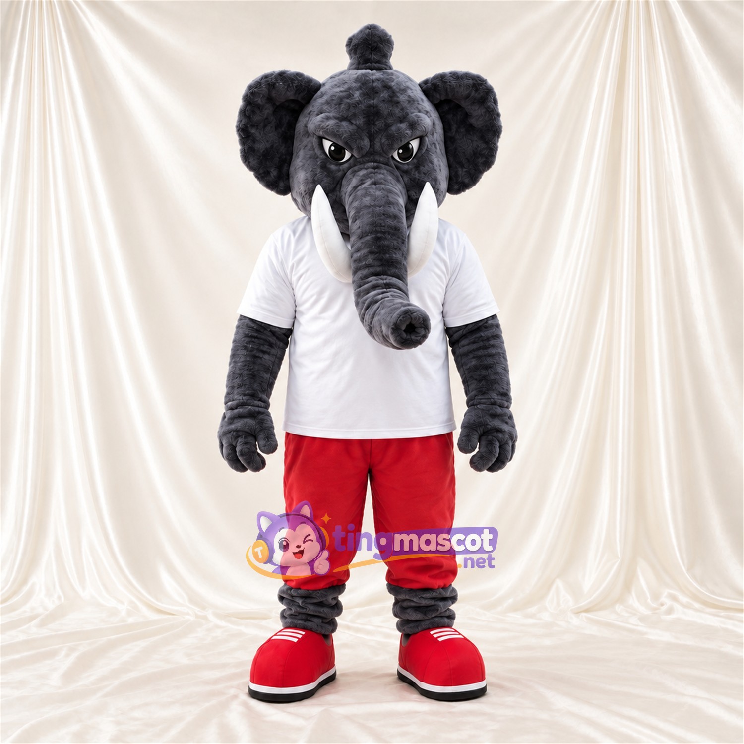 Costume de mascotte Éléphant – gris – Chemise (blanc); Pantalon (rouge) Costume de mascotte Éléphant – gris – Chemise (blanc); Pantalon (rouge)