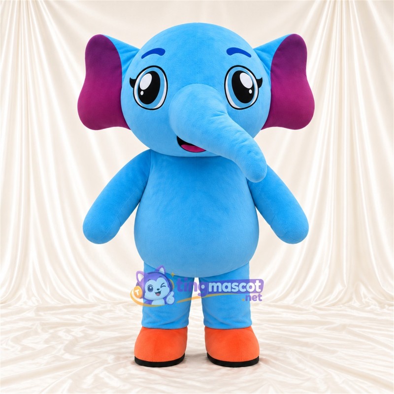Maskottchenkostüm Elefant – blau – Ohreninnenseiten (violett); Füße (orange) Maskottchenkostüm Elefant – blau – Ohreninnenseiten (violett); Füße (orange)