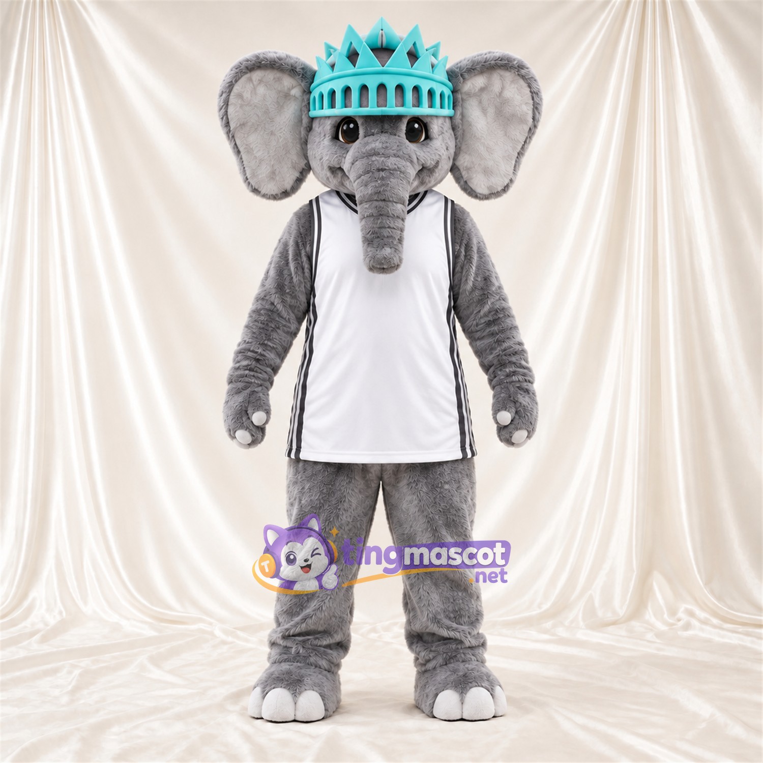 Costume de mascotte Éléphant – gris – Couronne (turquoise); Chemise (blanc) Costume de mascotte Éléphant – gris – Couronne (turquoise); Chemise (blanc)