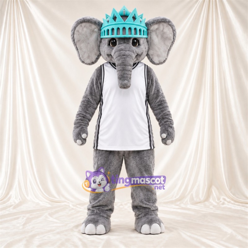 Costume de mascotte Éléphant – gris – Couronne (turquoise); Chemise (blanc) Costume de mascotte Éléphant – gris – Couronne (turquoise); Chemise (blanc)