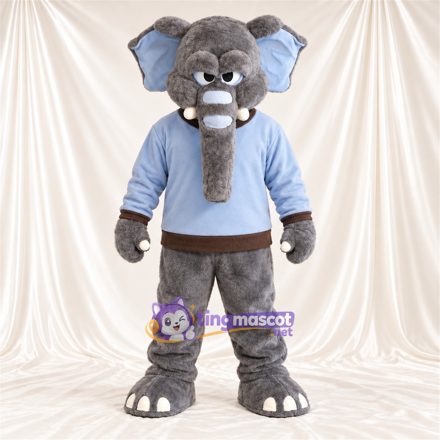 Maskottchenkostüm Elefant – grau – Pullover (blau) Maskottchenkostüm Elefant – grau – Pullover (blau)