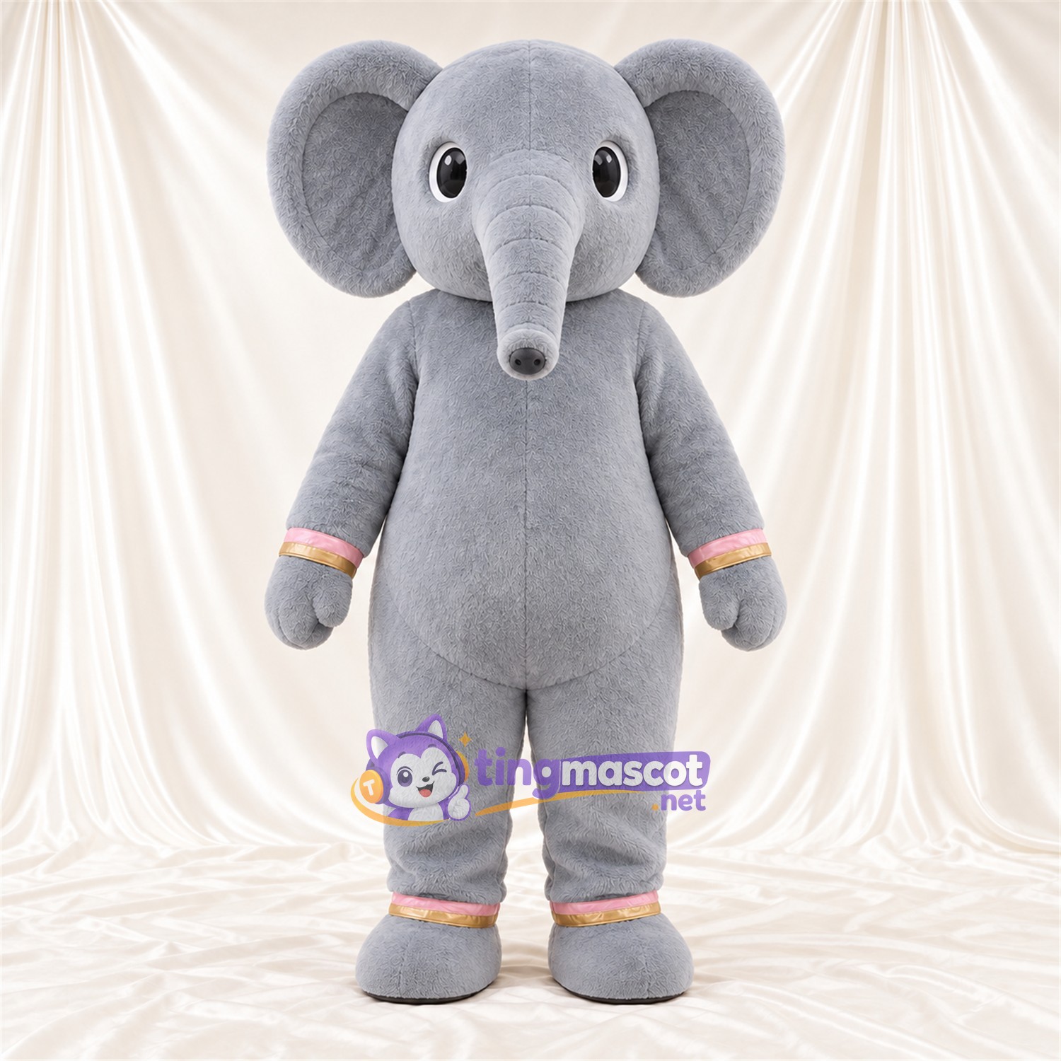 Gray Elephant Mascot Costume - Long Trunk and Pink and Gold Cuffs Gray Elephant Mascot Costume - Long Trunk and Pink and Gold Cuffs