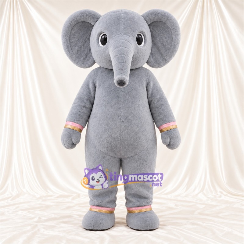Gray Elephant Mascot Costume - Long Trunk and Pink and Gold Cuffs Gray Elephant Mascot Costume - Long Trunk and Pink and Gold Cuffs
