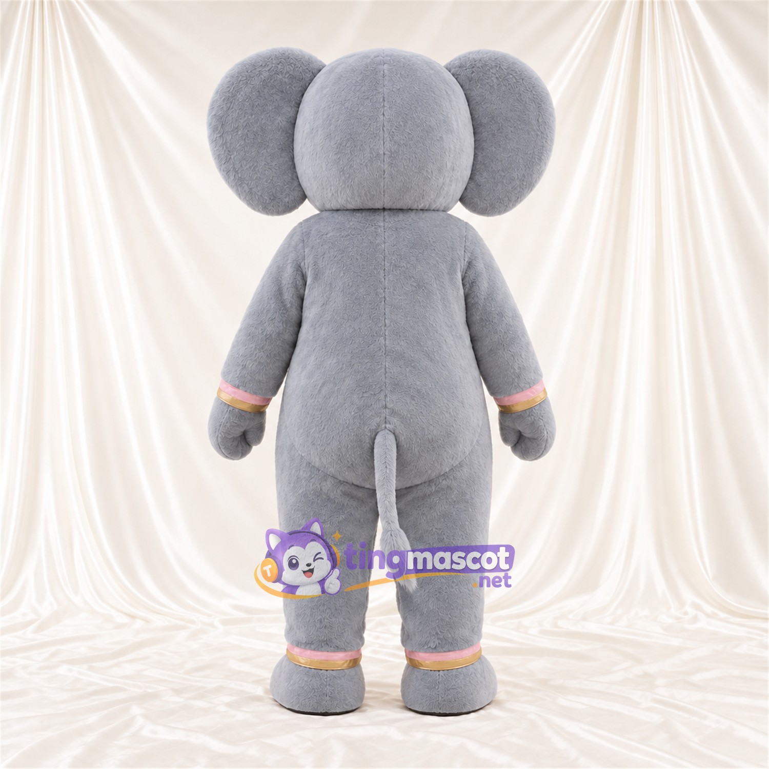 Gray Elephant Mascot Costume - Long Trunk and Pink and Gold Cuffs Gray Elephant Mascot Costume - Long Trunk and Pink and Gold Cuffs