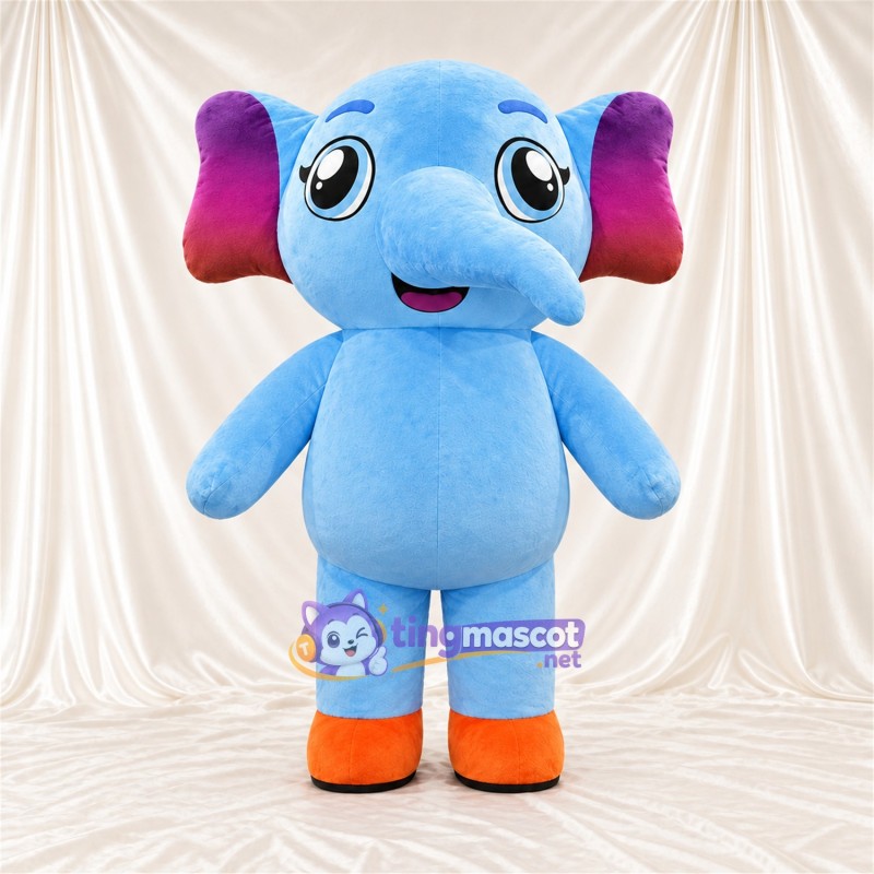 Maskottchenkostüm Elefant – blau – Ohreninnenseiten (violett); Füße (orange) Maskottchenkostüm Elefant – blau – Ohreninnenseiten (violett); Füße (orange)