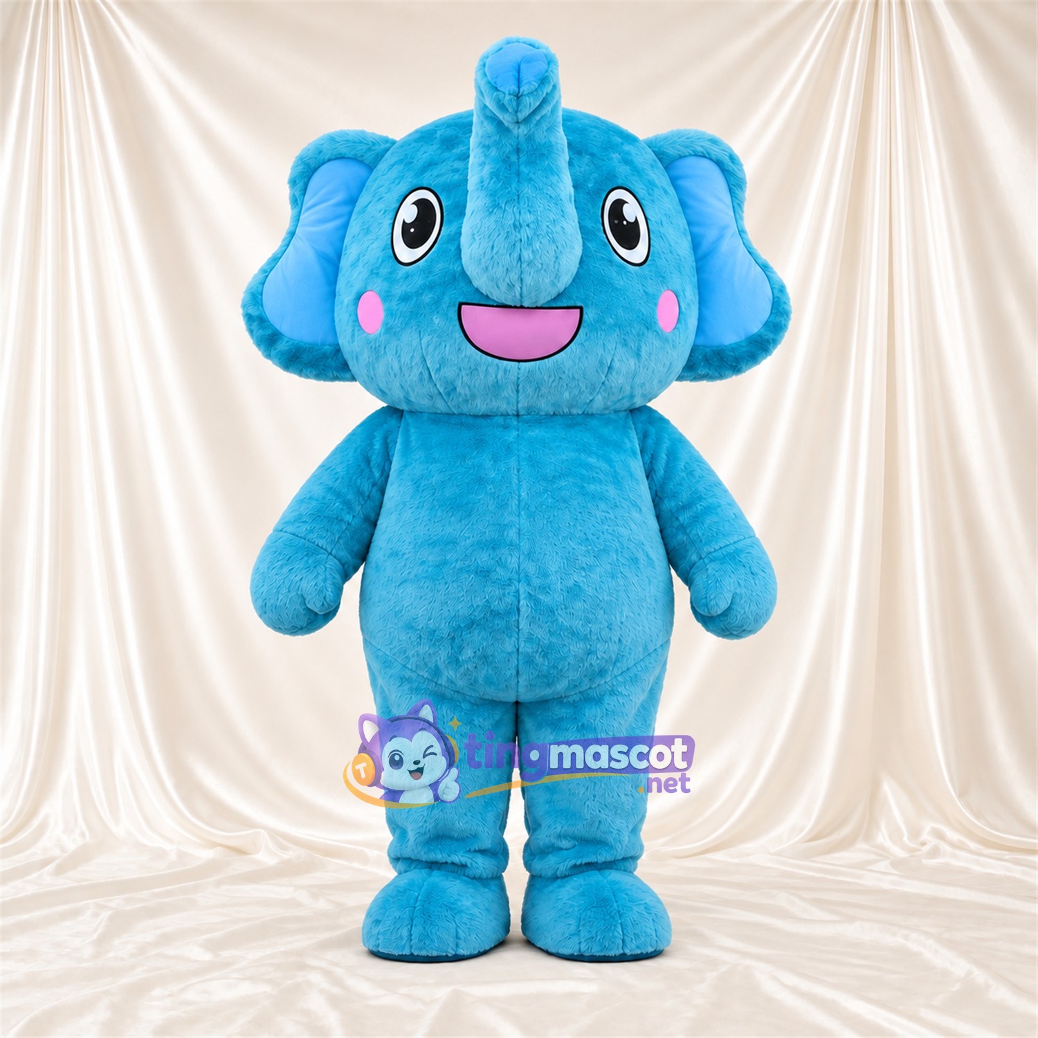 Blue Elephant Mascot Costume - Pink Cheeks and Raised Trunk Blue Elephant Mascot Costume - Pink Cheeks and Raised Trunk