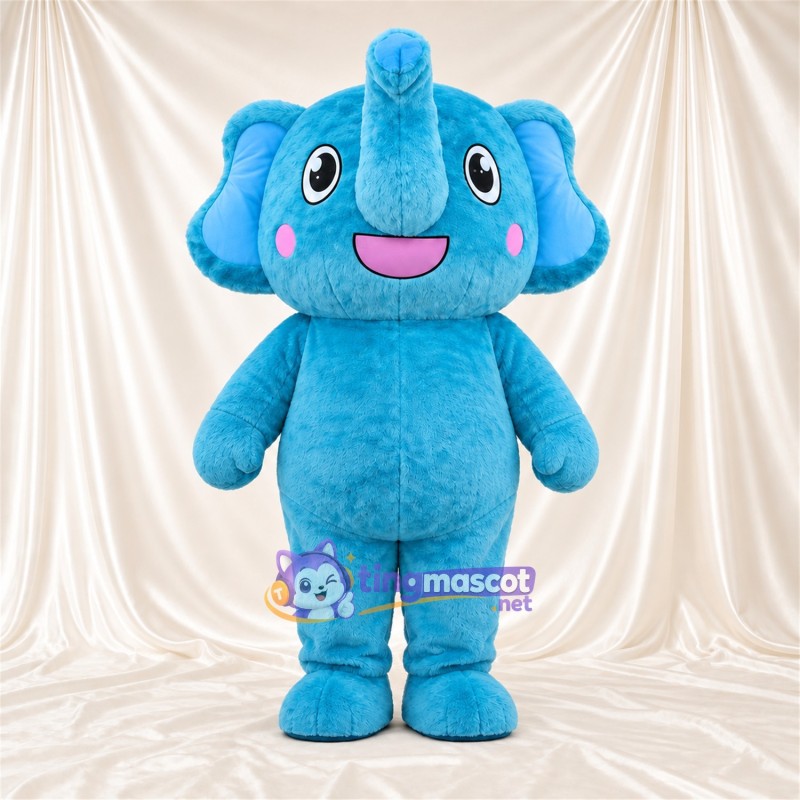 Blue Elephant Mascot Costume - Pink Cheeks and Raised Trunk Blue Elephant Mascot Costume - Pink Cheeks and Raised Trunk