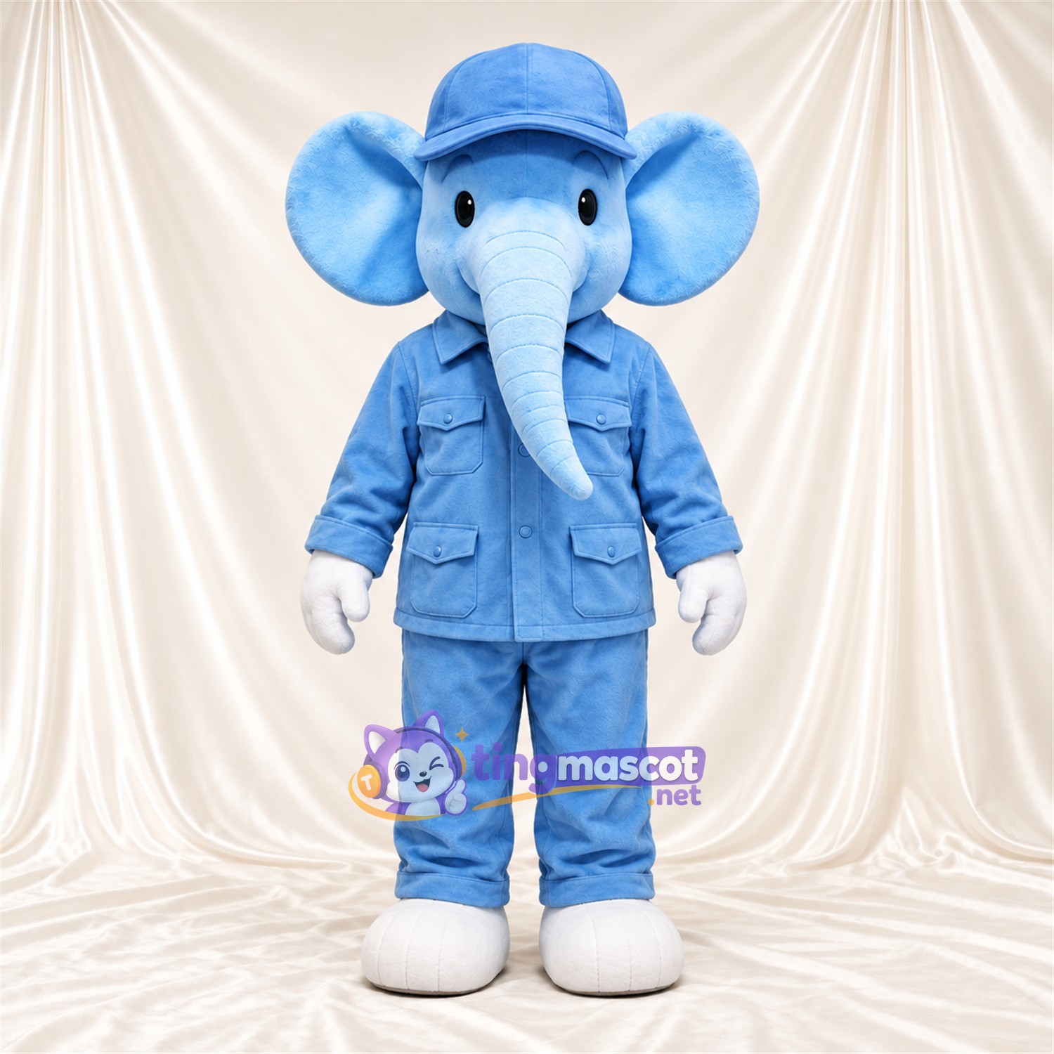 Blue Elephant Mascot Costume - Blue Work Outfit and Cap Blue Elephant Mascot Costume - Blue Work Outfit and Cap