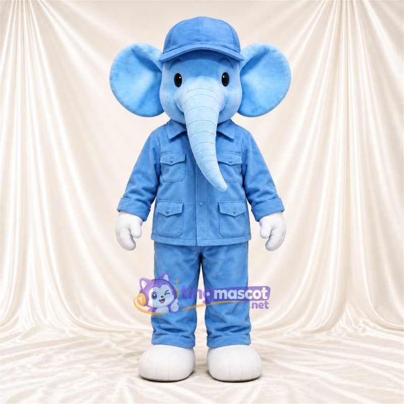 Blue Elephant Mascot Costume - Blue Work Outfit and Cap Blue Elephant Mascot Costume - Blue Work Outfit and Cap